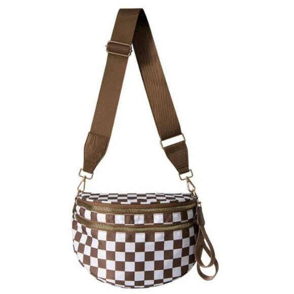 NWT Brown and White Nylon Checker and Solid Color Sling Crossbody Casual Bag - Picture 1 of 3